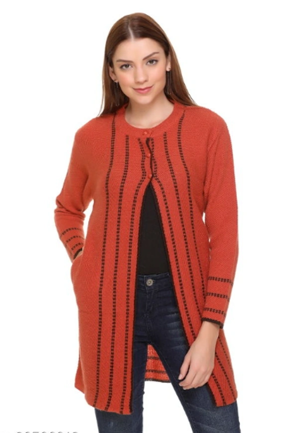 CLAPTON Women Round Neck Rust Full Sleeve  With Pocket Wool Cardigan (Outer Long) - XXL, Rust, Wool, Pack of1